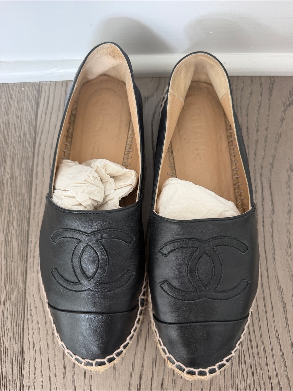 Chanel Black Leather Espadrille Slip-Ons with Logo Detail - Picture 2 of 4